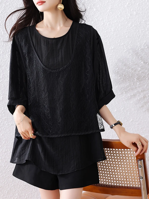 スリム効果のあるツーピースTシャツ、ラウンドネック、ゆったりフィット、通気性、スリム、レディース、夏の新作、ブランド仕立て品