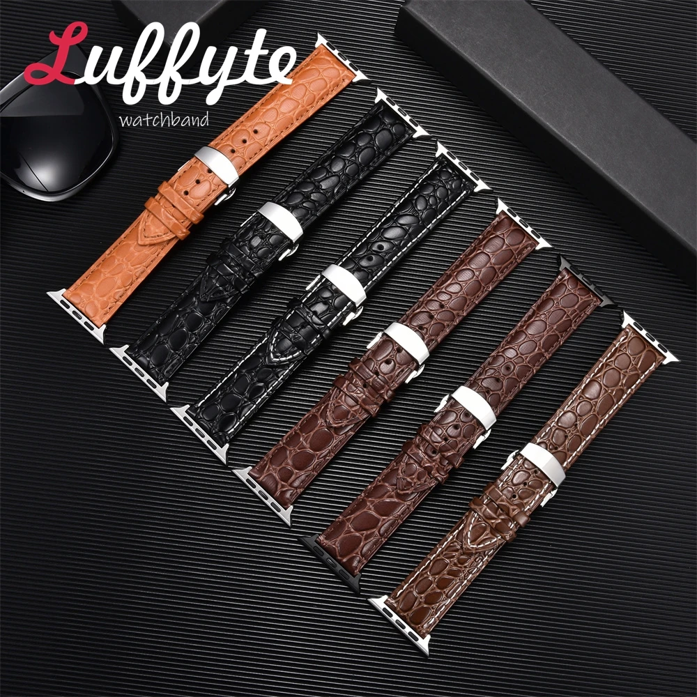 Crocodile Pattern Leather Band for Apple Watch Ultra 8 7 SE 6 5 4 3 Watchband 38 40 41 42 44 45 49mm Strap with Butterfly Buckle