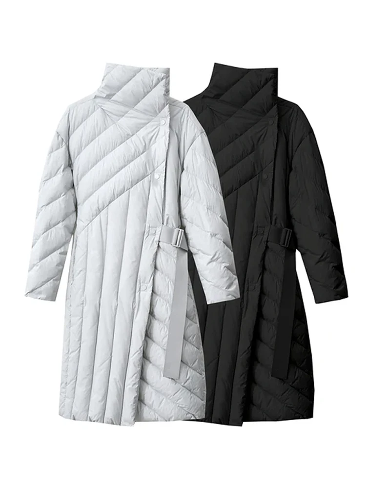 AMII Minimalism Long Down Jacket For Women Winter New Lapel Stand Collar Adjustable Belt Lady Outwear Windproof Coats 12344105