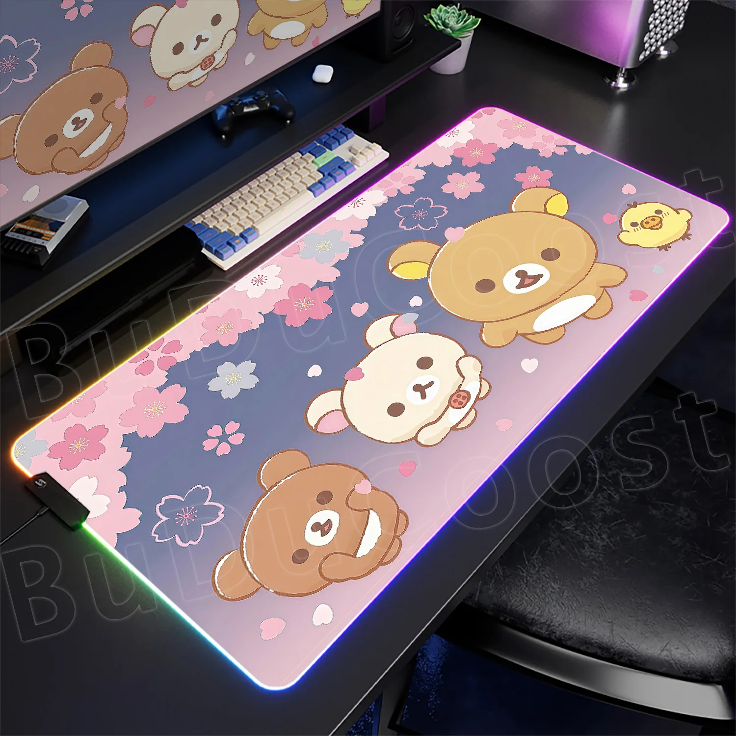 

RGB Gaming Lumines Mousepad Large Computer HD Cartoon Desk Mat Cute Pink Rilakkuma Mice Pad LED Backlight Setup Keyboard Carpets