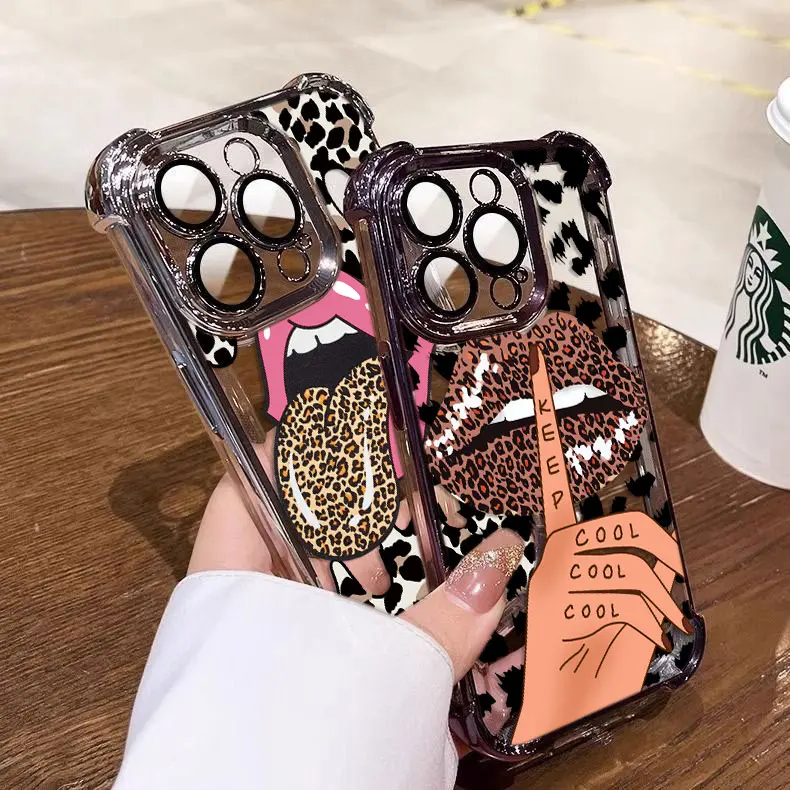 Hot Red Lip Leopard Print Phone Case For Xiaomi Redmi Note 14C 13C 13 12C 12 11 10 9s K40 K50 Pro 4G 5G Shockproof Glitter Cover