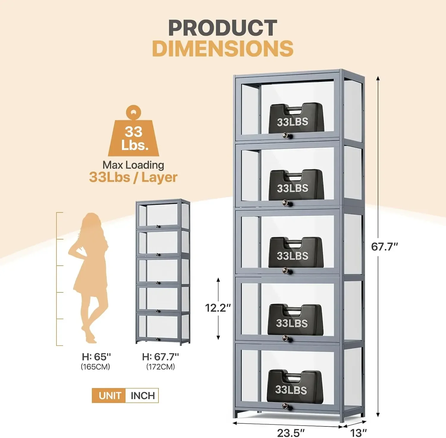 Display Cabinet, 5-Tier Display Case with Acrylic Doors, Large Curio Cabinet for Collectibles, Clear Showcase for Living Room, B