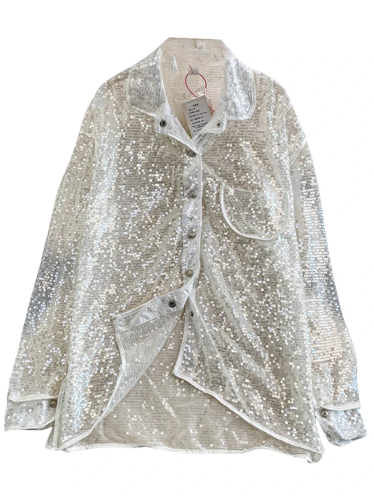 เสื้อคลุมกันแดดผู้หญิงทรงหลวมแบบมีกลิตเตอร์ แขนยาว โปร่งใส มองทะลุได้ คอตั้ง