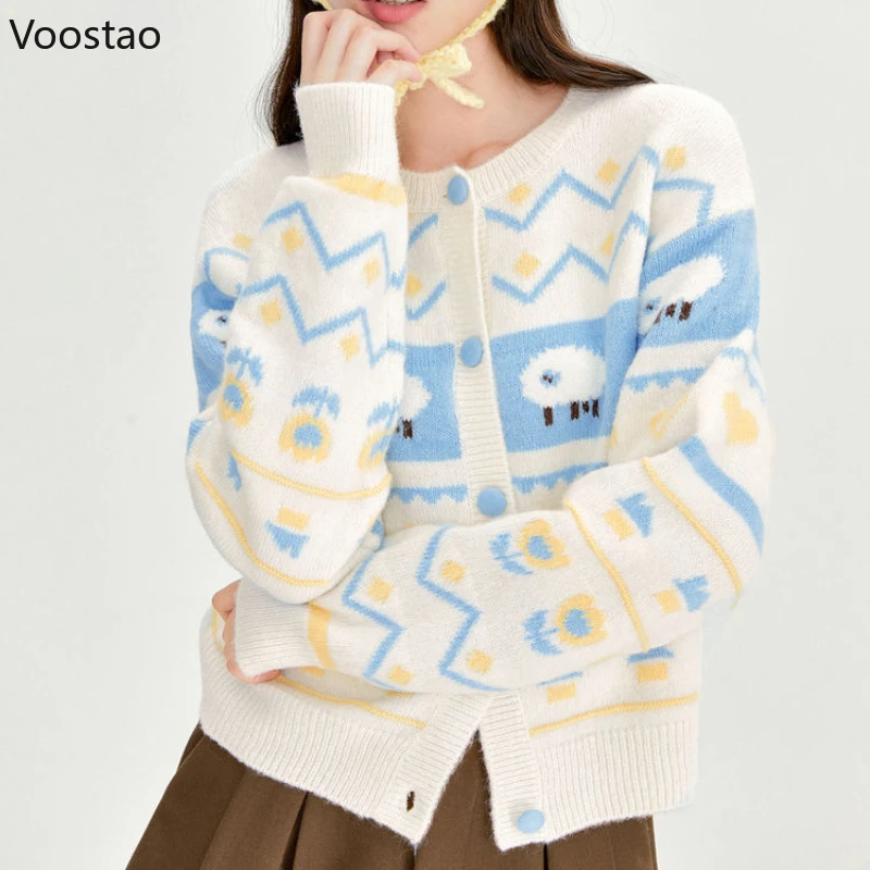 Harajuku Cute Knitted Cardigan Autumn Winter Women Sweet Cartoon Sheep Jacquard Sweater Streetwear Y2k Kawaii Knitwear Coat Tops