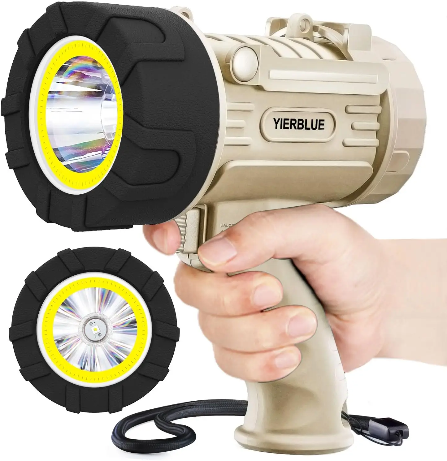 

220,000 Lumen LED Spotlight & Floodlight Combo, IP67 Waterproof, USB-C Rechargeable, 550 Yard Beam, 6 Modes, Detachable Red Lens