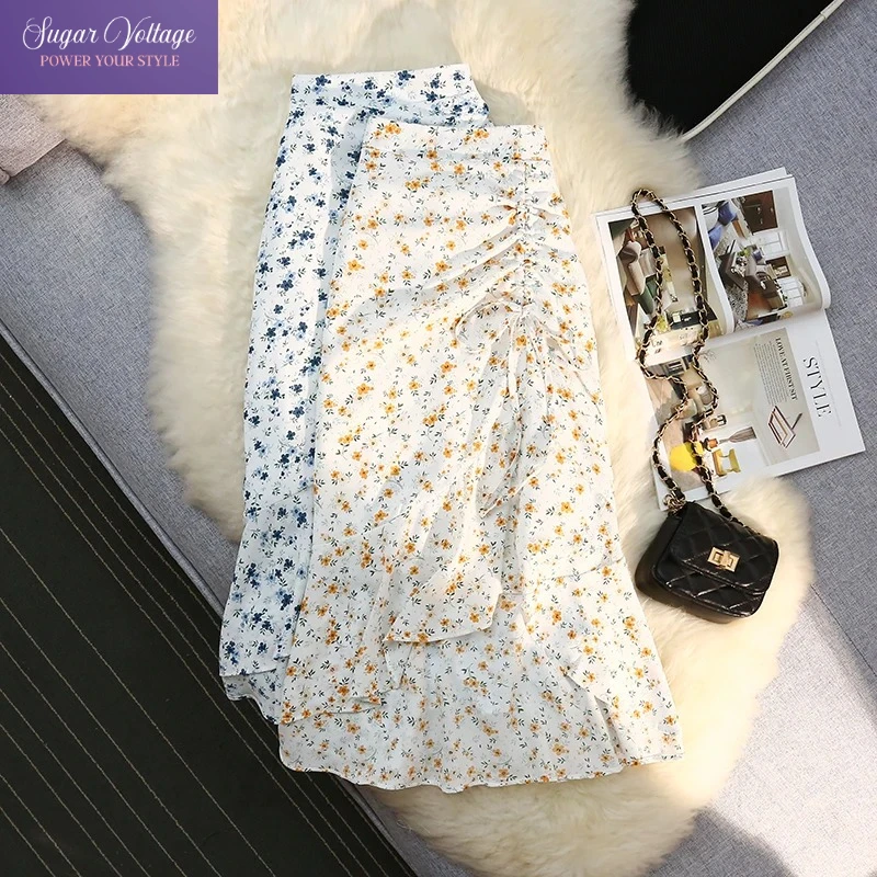 Elegant Luxury Floral Chiffon Midi Skirt Women Summer High Waist Fishtail Skirt Drawstring Ruched Irregular Hem Pretty Skirt New
