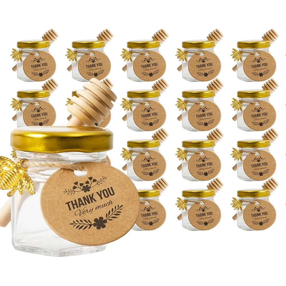 1.5oz ,20pcs Little Glass Honey Jar - Glass Honey Jars with Gold Lids, Wooden Dippers, Bee Charms and Jutes for Baby Shower