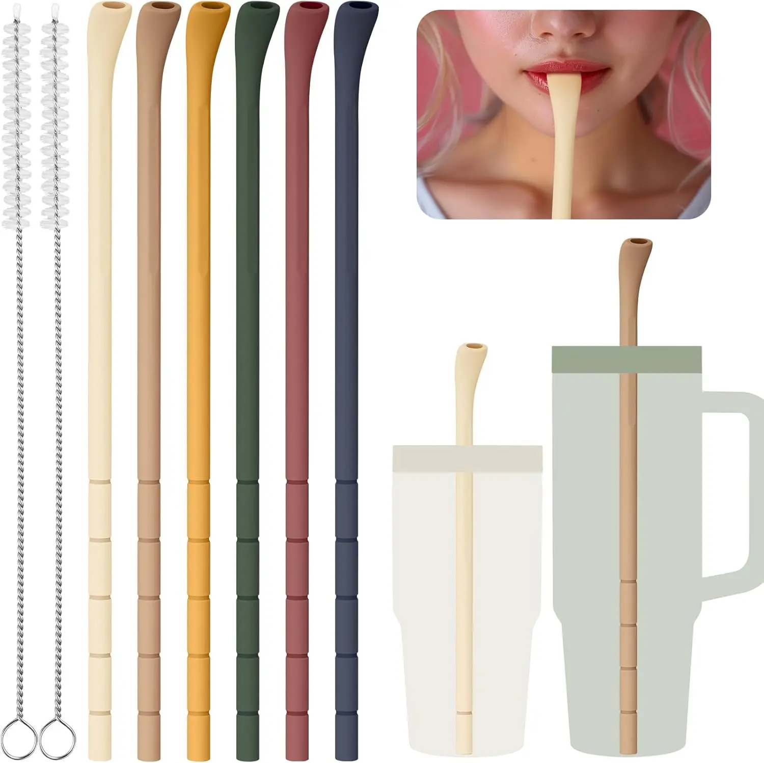 

6PCS Silicone Anti-Wrinkle Straws for Stanley Tumblers, Customizable Length, Food-Grade Safe with Brushes