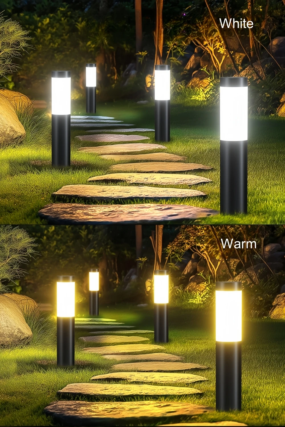 Solar Stainless Steel LED Modern Pathway Lights Upgraded Courtyard Outdoor Garden Cylindrical Lawn Light Outside Walkway Decor