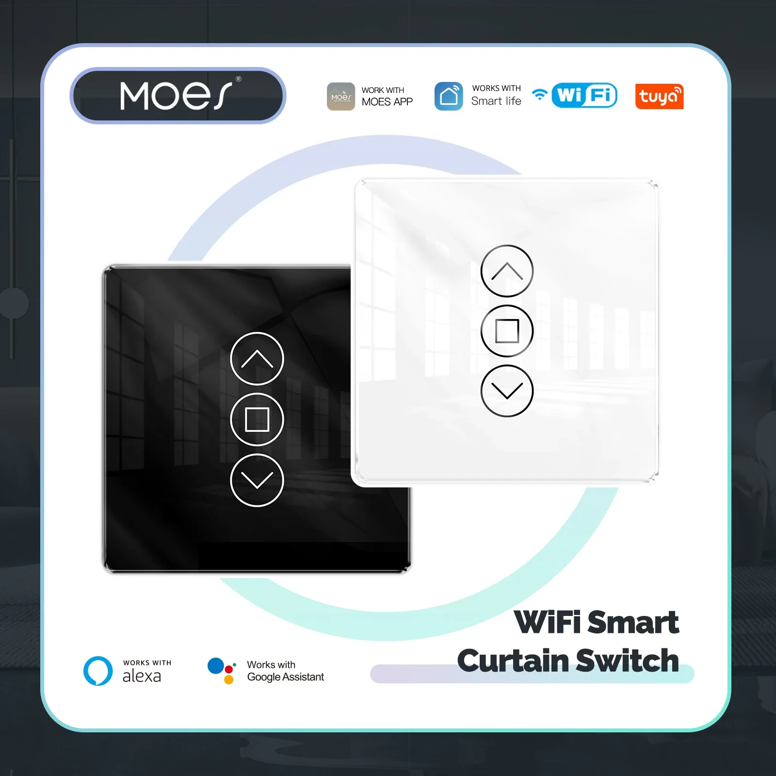 WiFi Smart 2.5D Arc Glass Touch Panel Curtain Switch for Roller Blinds Shutters APP Remote Control Work With Alexa Google Home