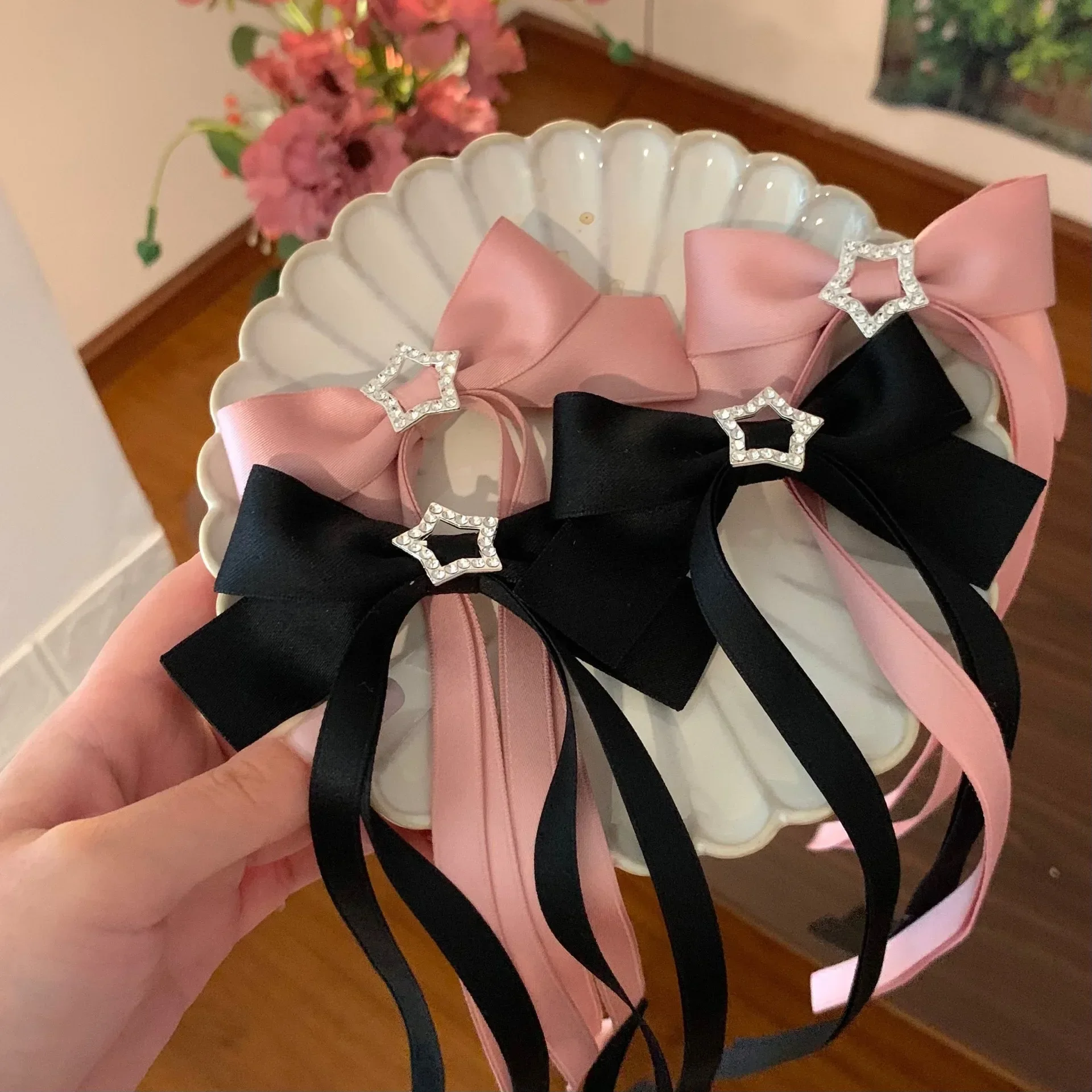 New Fashion Pink and Black Ribbon Bow Hairpin Hair Clip Elegant Five-pointed Star Hair Accessories Hair Clips for Women Girls