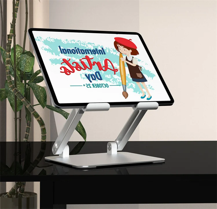 Custom Logo Aluminum Tablet Stand 400g Heavy Duty Foldable Double Shaft Height Adjustable Desktop Cradle