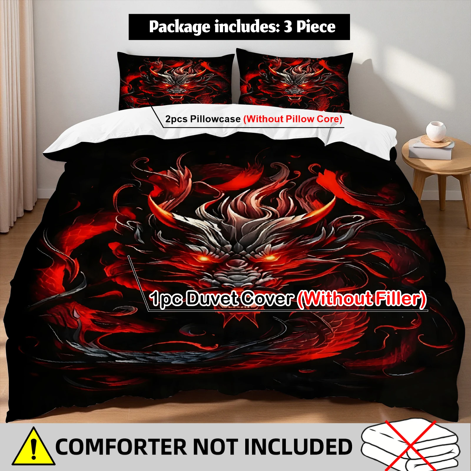 Juego de cama Red Dragon, juego de funda nórdica mítica oriental negra con fundas de almohada para amantes de la cultura asiática, dormitorio Twin Queen King