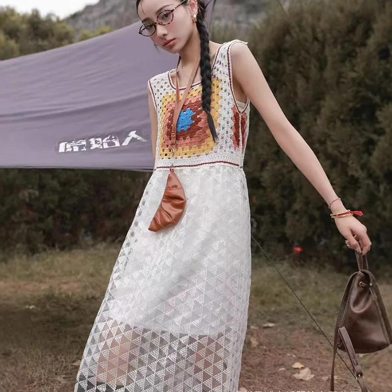 Boring Honey – robe débardeur rétro brodée à col carré, Patchwork, Design Unique et élégant à lacets pour femmes à la mode, printemps