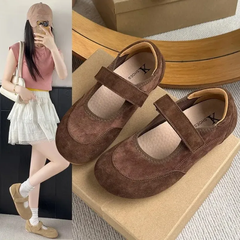 

2025 Hot Selling New Summer Soft Soled Mary Jane Single Shoes,French Milk Camel Round Head Frosted Ballet Shoes Women Shoes