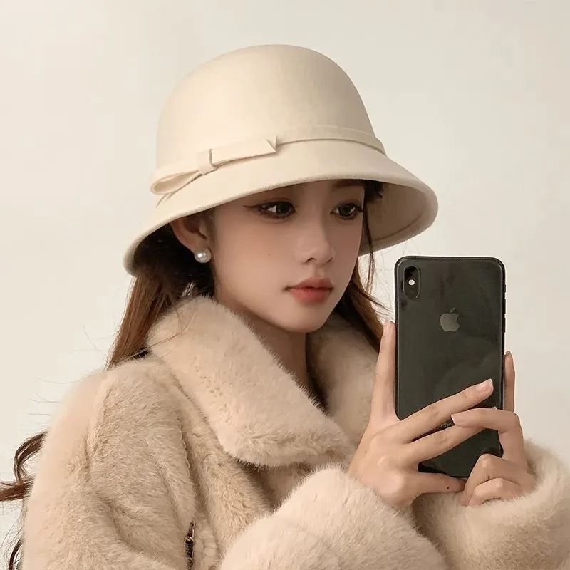 Autumn Winter Warm Fedoras Women Hat Hepburn Style Elegant Temperament Warm Felt Hat Fishing Cap High-class Sense Bowler Hat