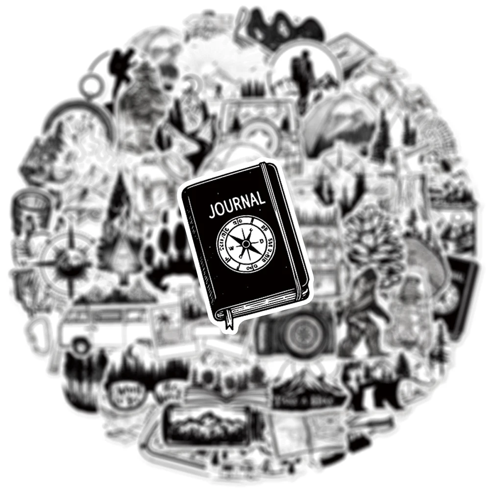 

10/30/50pcs Cool Outdoor Hiking Adventure Stickers Black White Cartoon Decals for Motorcycle Helmet Waterproof Graffiti Sticker