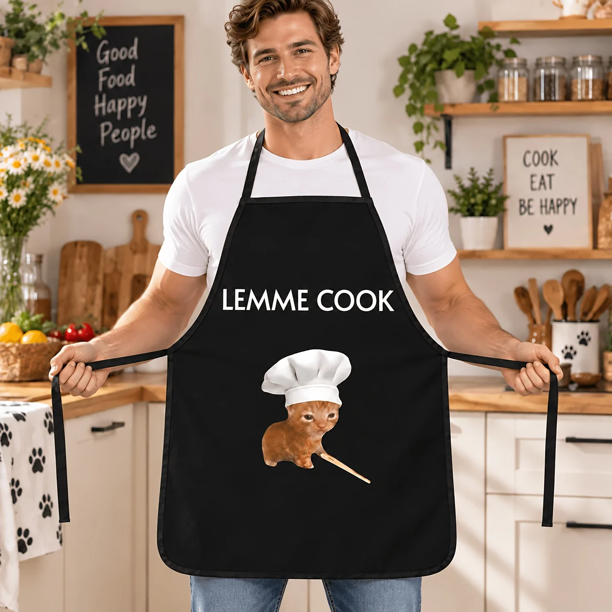 1PC LEMME COOK Chef Cat 2D Pattern Kitchen Apron, Unisex Apron, Cooking Baking BBQ Apron For Cat Lovers