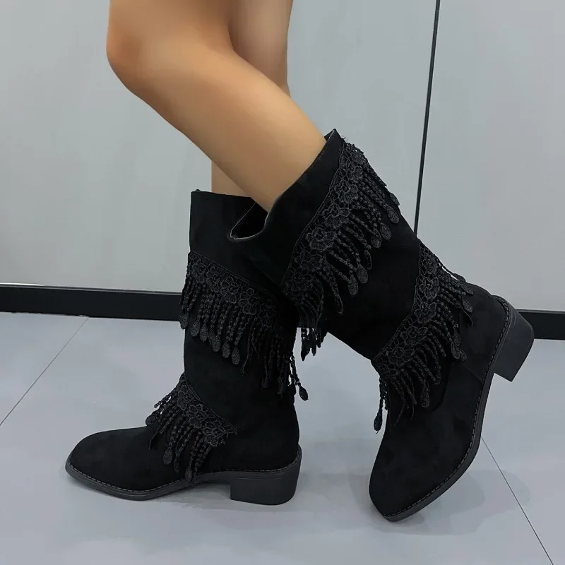 2023 Brand Shoes for Women Slip-on Women's Boots Fashion Fringe Office and Career Hot Sale Square Heel Mid-Calf Shoes Female