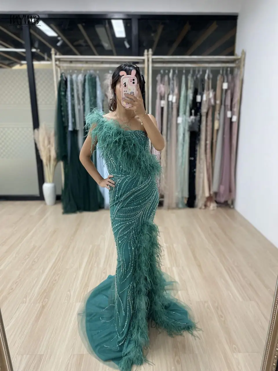 MYMB Green Haute Couture One Shoulder Beaded Feathers Arabic Wedding Party Dresses Luxury High Split Mermaid Evening Gowns new