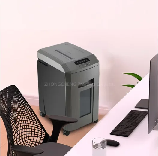 Electric office paper shredder—upgraded high-power, high-capacity model that also shreds cards and optical discs.