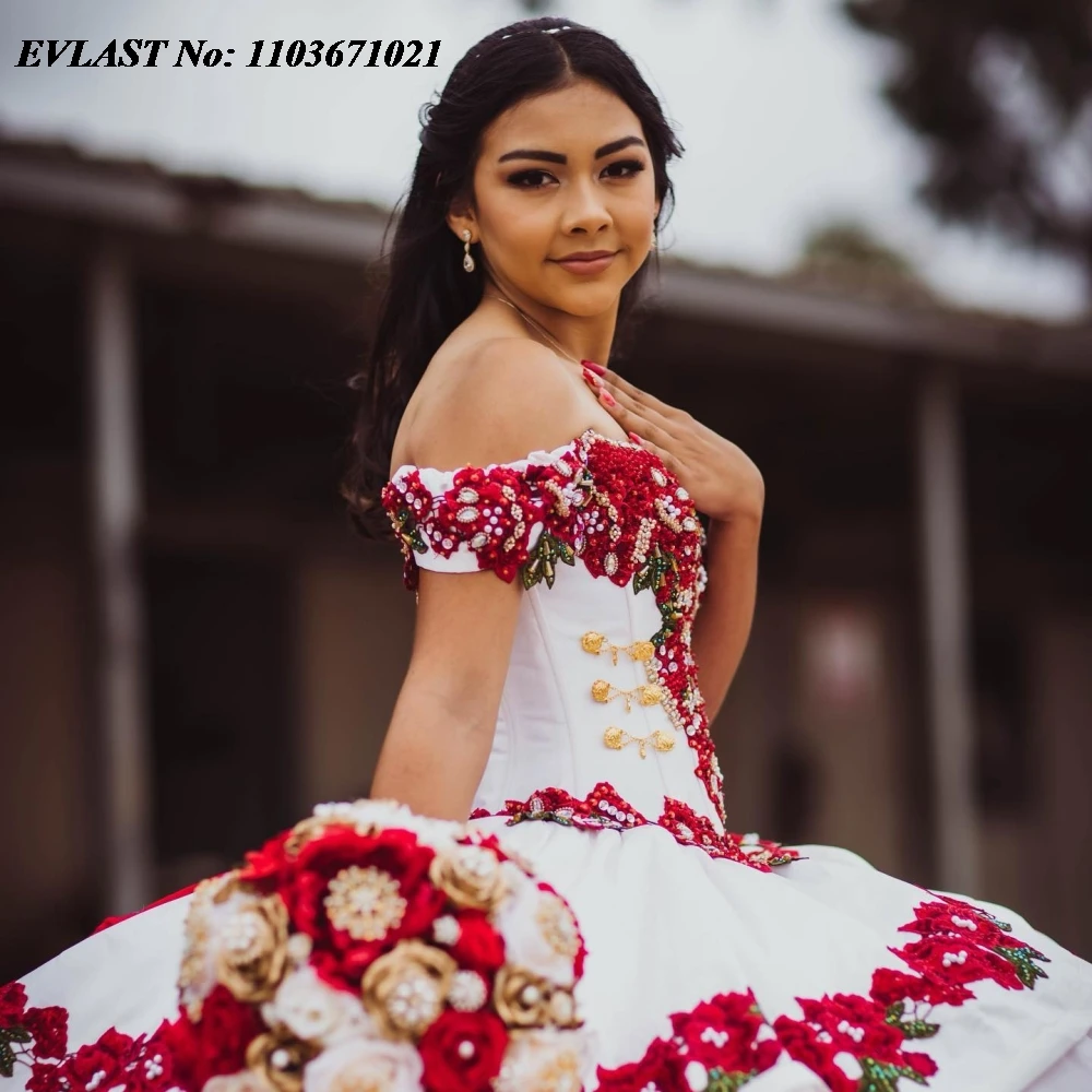 فستان Quinceanera باللون الأحمر من EVLAST مخصص من Charro فستان كوينسيانيرا مطرز بالزهور وكشكشة حلوة 16 فيستدوس دي 15 أنوس SQ578