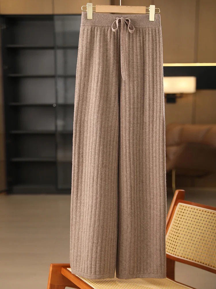TLOML Women's 100% Merino Wool Knitted Wide Leg Pants Striped Autumn Winter Casual Style Thick Warm Cashmere Drawstring Trousers