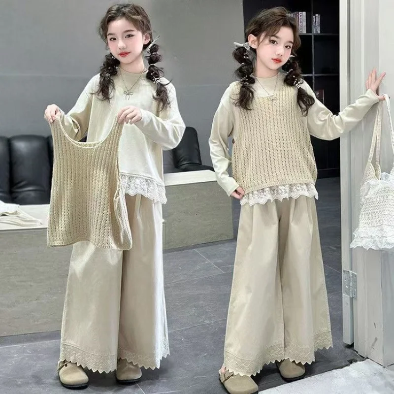 

Girl's Forest Style Vest Set Spring and Autumn New Knitted Vest Lace Top Wide Leg Pants Korean 3-piece Set 120-170cm