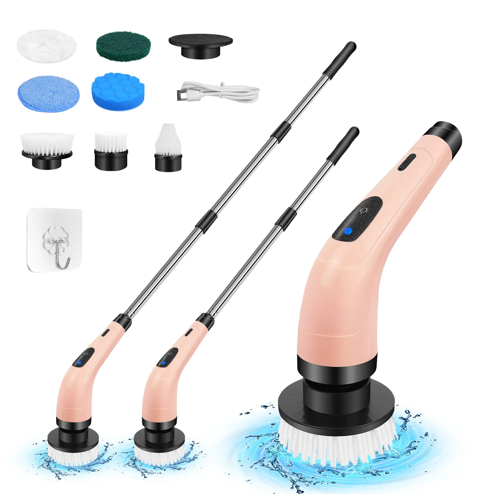 Brosse de nettoyage électrique rotative, brosse de nettoyage de salle de bain étanche, brosse de douche avec long manche et 2 vitesses, brosse de nettoyage électrique sans fil avec 7 têtes de brosse