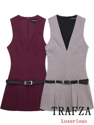 TRAFZA Vintage Casual Chic Women Dress Solid Sleeveless V-Neck Sashes Mini Dress New Fashion 2024 Autumn Winter Female Dress