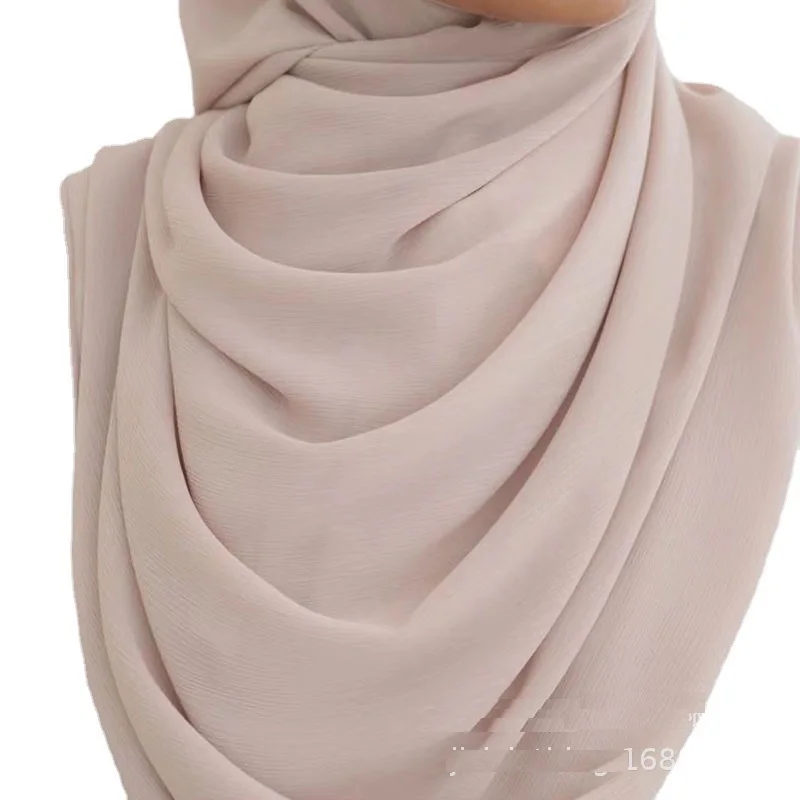 Großhandel Hohe Qualität Natürliche Plissee Schal Einfarbig Chiffon Hijab Falten frauen Langen Schal Islamischen Malaiischen Schal Hijab