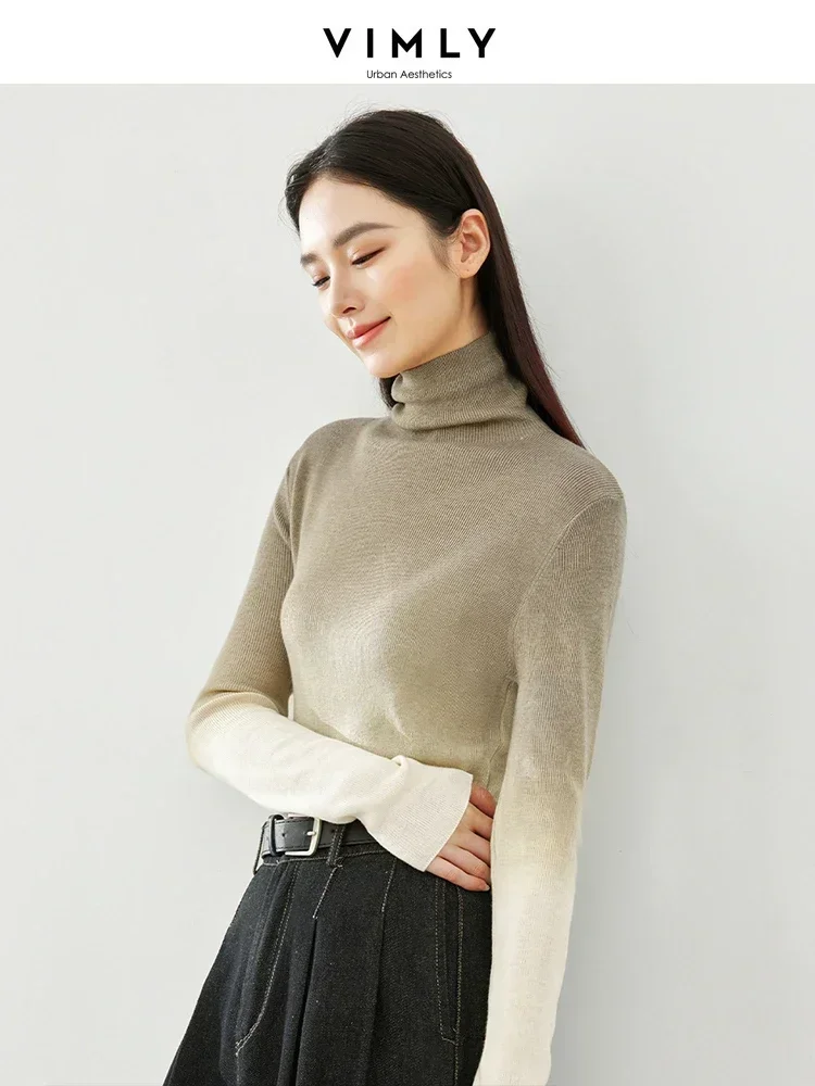 Vimly Gradient Pullovers Turtleneck Sweater Knitted Long Sleeve T-shirt for Women 2023 Winter High Strecth Basic Sweaters 16516