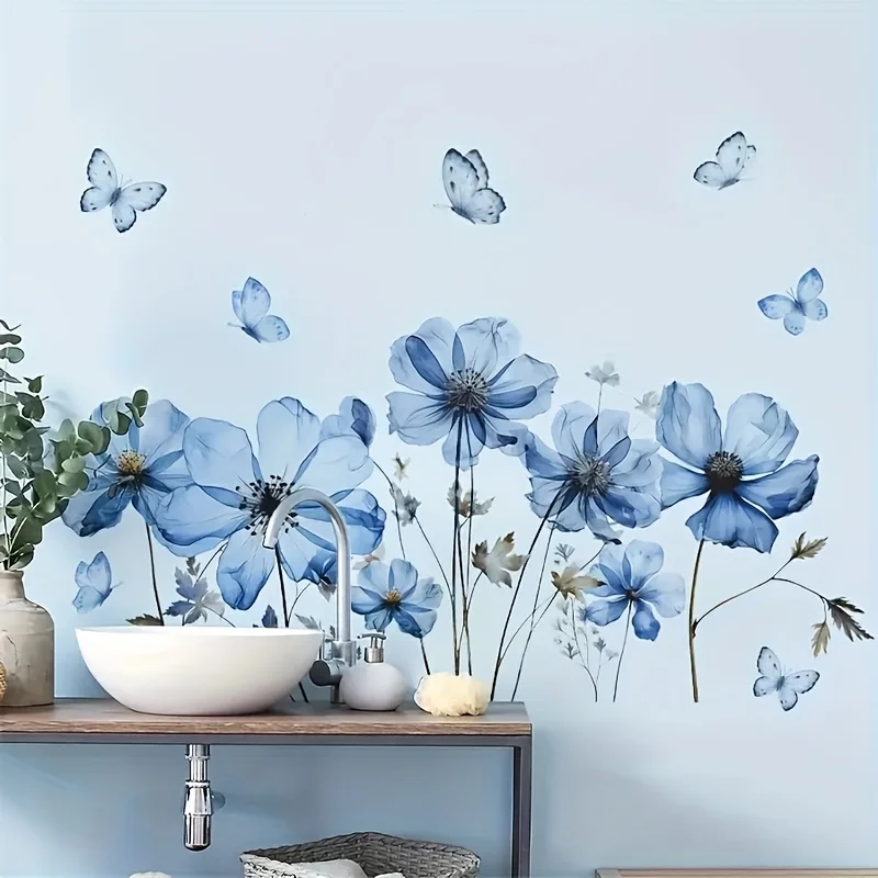 رومانسية الفراشة الزرقاء النرجس البري الزهور ملصقات جدار غرفة نوم الشرفة خلفية ديكور الجدار ملصق زهرة خلفية الشارات