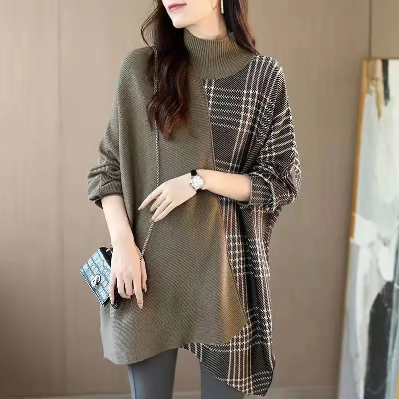 Fashion Turtleneck Spliced Plaid Batwing Sleeve Asymmetrical Sweater Women Clothing 2024 Autumn Casual Pullovers Irregular Tops