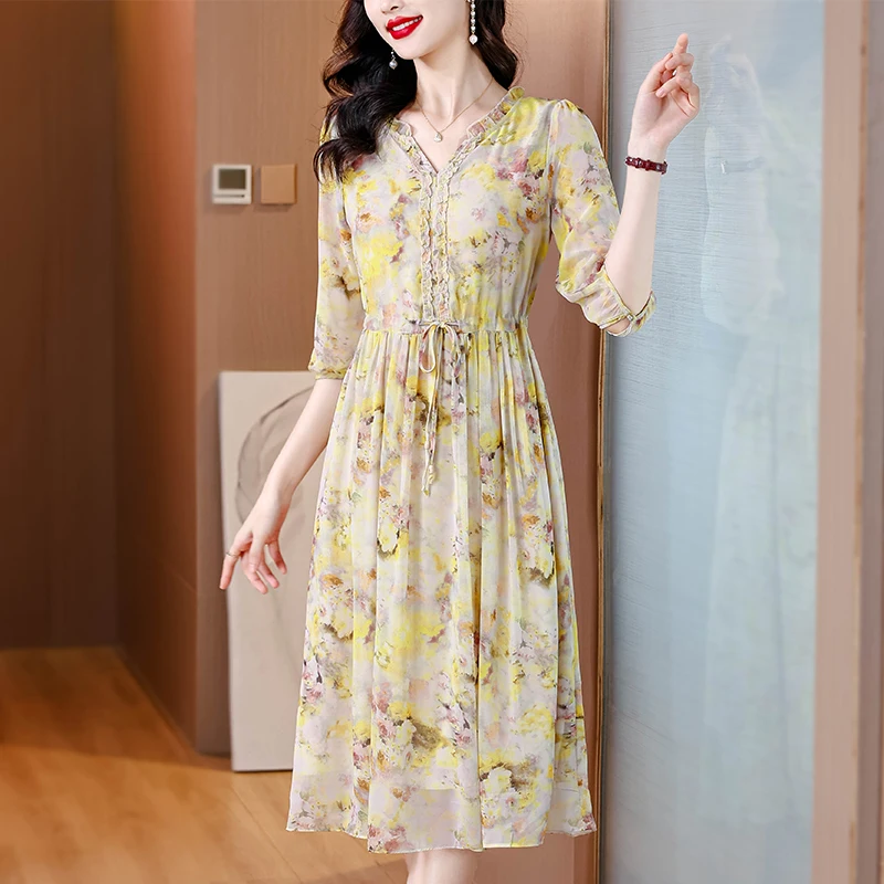 

2024 Summer Floral Silk Midi Dress Women Vintage Boho Fashion Casual Light Dress Spring Korean Elegant Luxury Festival Vestidos