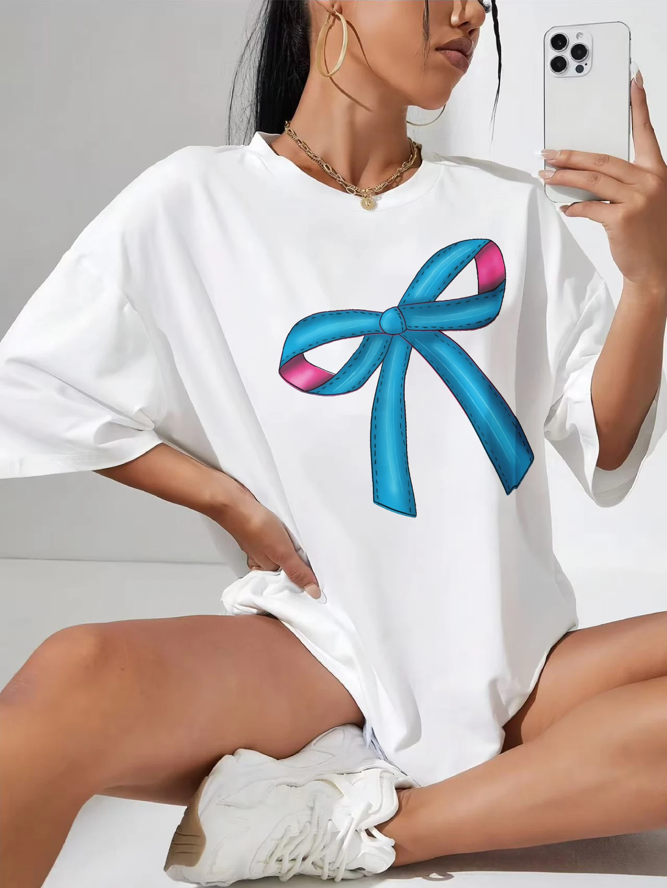 

Teal Pink Coquette Bow White extended length pregnancy tee casual crew neck side ruching soft and light