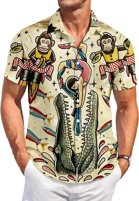Men's Hawaiian Short Sleeve Shirt Retro Tattoo Circus Monkey Crocodile Cartoon Print Novelty Casual Summer Daily Top
