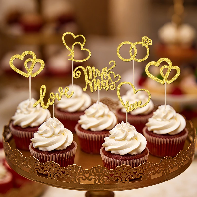 YOMDID 24 adornos para cupcakes de boda, adornos para pasteles con purpurina Mr Mrs, doble corazón, anillos de amor, palillos para pasteles, decoraciones de boda