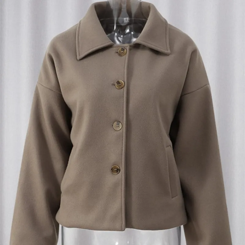 

2025 Winter New Women's Stylish Collared Jacket Short-Length Long-Sleeve Button-Front Design Loose-Fit Daily Casual Outerwear