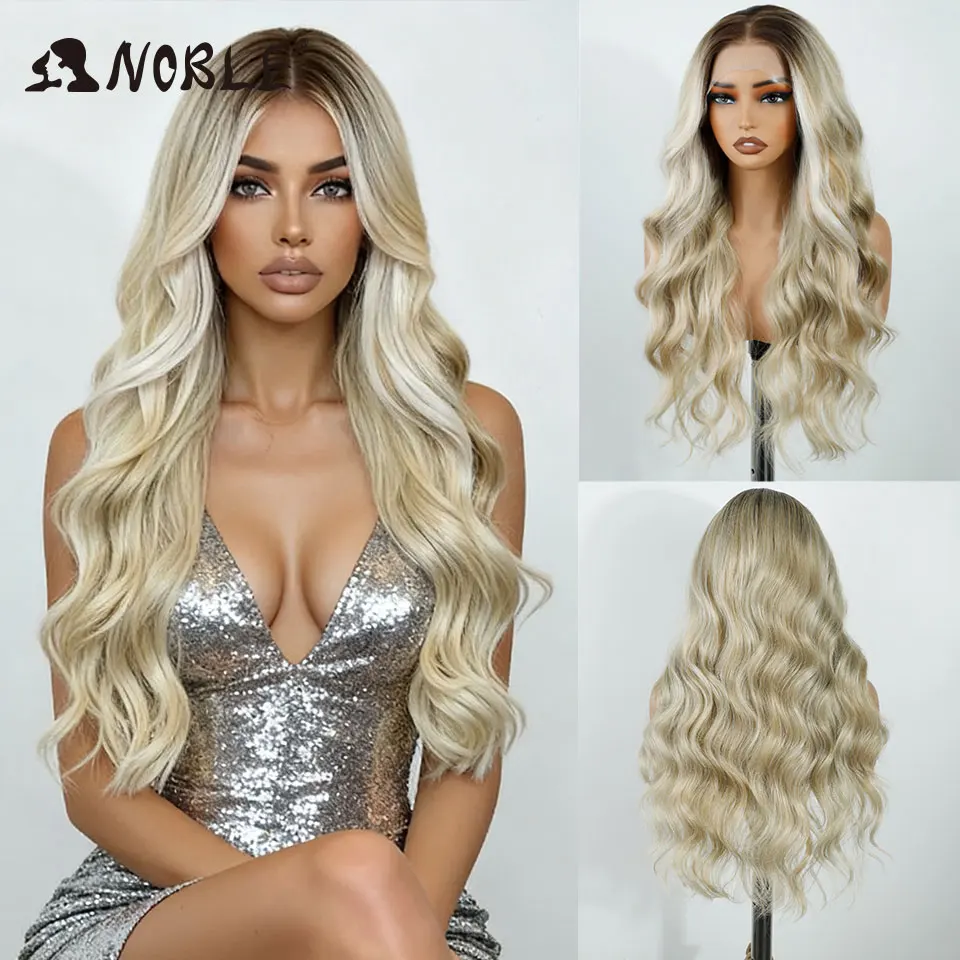 Noble HD Lace Glueles Wig Body Wave Synthetic Lace Front Wigs For Women 24 Inch Highlight Ombre Blonde Lace Wig 360 Frontal Wigs