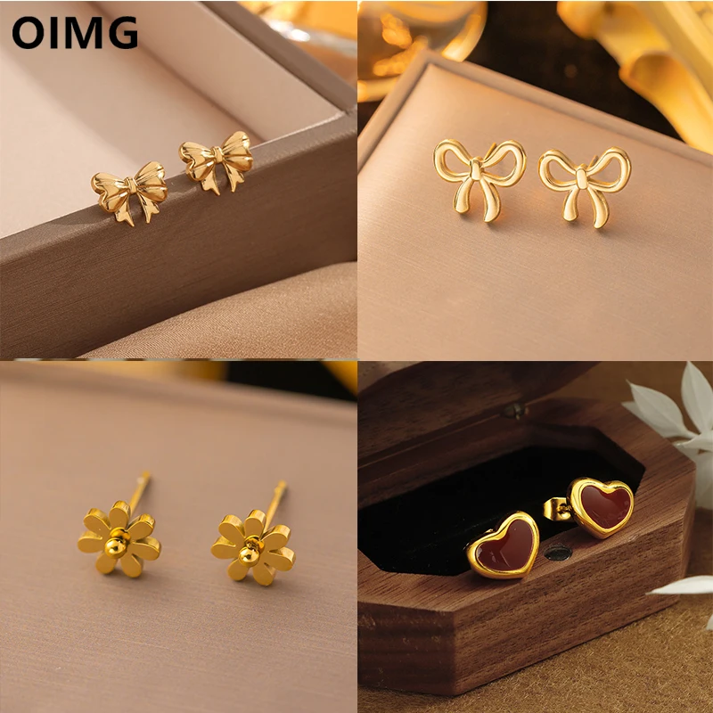 OIMG 316L Stainless Steel Sweet And Girlish bow Stud Earrings For Women  Princess Cute Fashionable Mini Earrings Waterproof