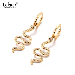 Lokaer Stylish 316L Stainless Steel Rhinestone Snake Hoop Earrings Statement Gold Color Texture Waterproof Jewelry Women E24106