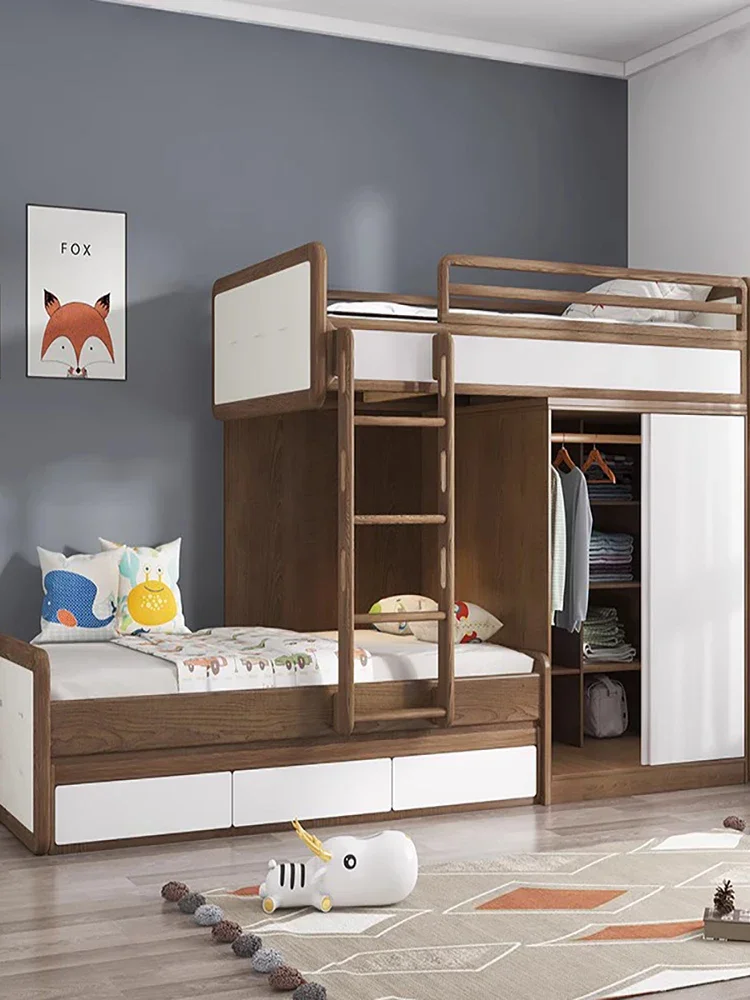 

Multi functional bed, solid wood parallel double-layer bed, integrated with wardrobe, high and low bed, upper and lower beds