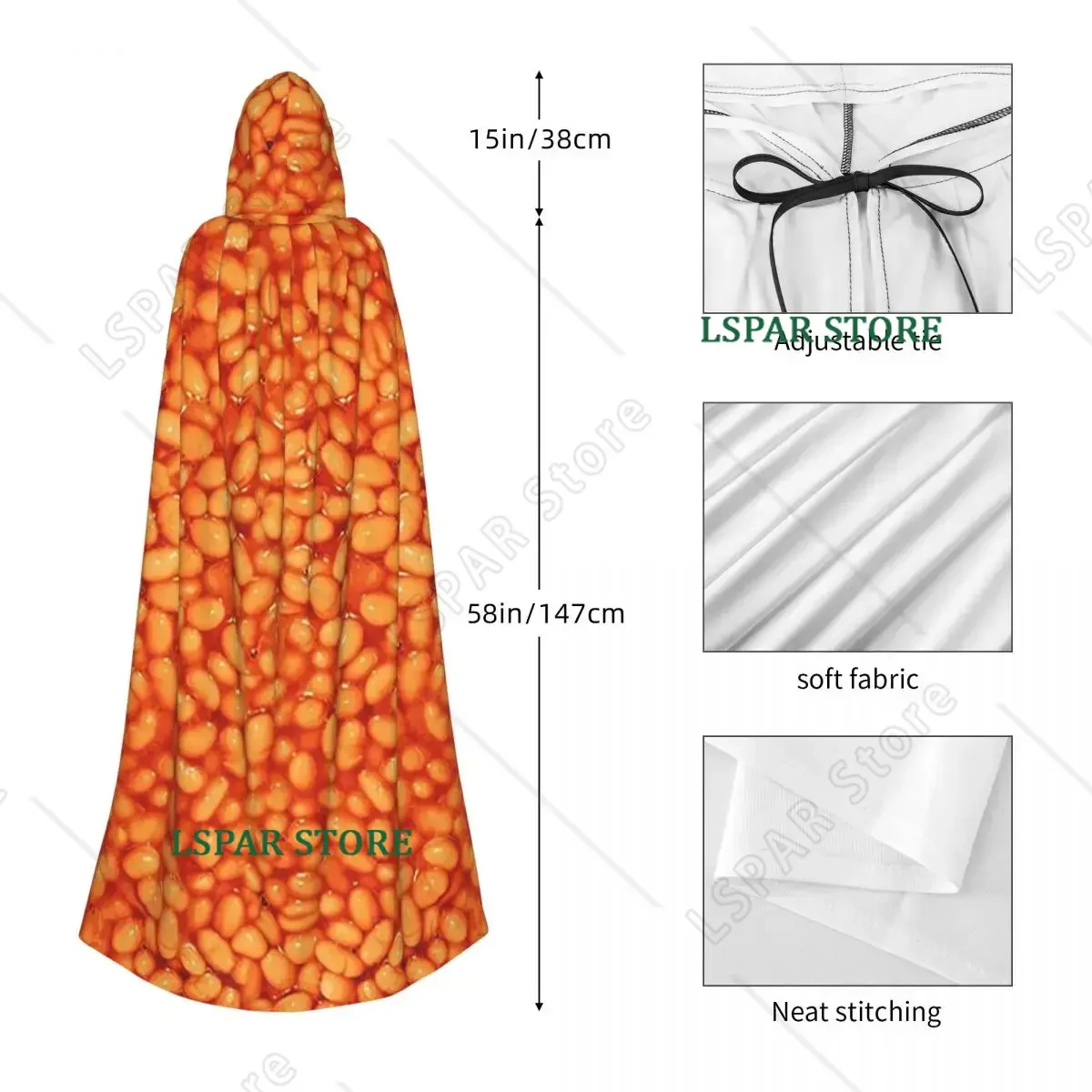 Baked Beans In Things Pattern Long Hooded Cloak Witch Medieval Costume Cosplay Cape HalloweenParty Adult Unisex - view 2