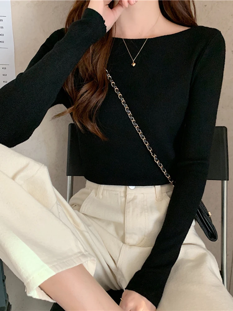 2026 Winter Frauen strickwaren Pullover Slash Neck Dünne Gestrickte Pullover chic Grund Solide Jumper Weibliche Pullover Casual Jersey Tops