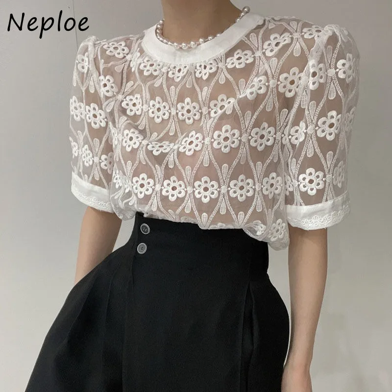 Neploe Vintage Lace Embroidery Blouses Summer See Through Mesh Shirts Women 2024 New Short Sleeve All-match Blusas Mujer