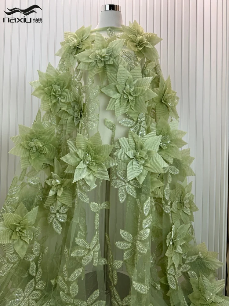 

Madison 3D Flower Fashion African Lace Fabric High Quality French Beaded Luxury Tulle Nigerian Sequins Net Lace Fabric For Dress