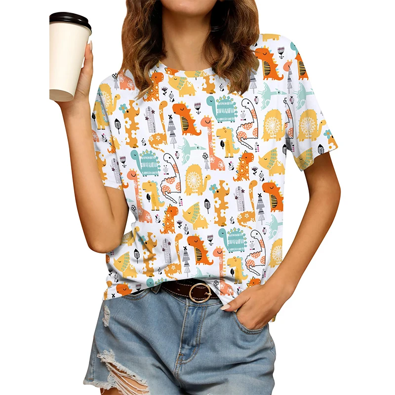 귀여운 공룡 그래픽 티셔츠 3D 인쇄 여성 오-넥 반팔 티셔츠 streetwear y2k 하라주쿠 티셔츠 기본 탑 여성 의류
