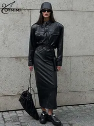 Oymimi Elegant Black Pu Leather Women's Two Pieces Set Fashion Long Sleeve Pockets Button Shirts And Slim Mid-Calf Skirts Sets