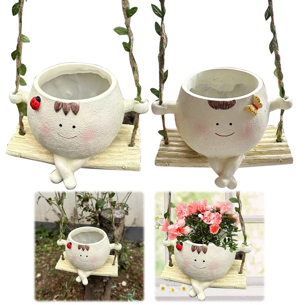 

Swing Smile Face Planter Resin Smiling Face Flower Pot Creative Hanging Swing Chair Planter for Indoor Outdoor Plant